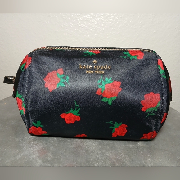 Kate Spade Of New York Red Rose Black Satiny Zipper Roll Makeup Accessory Bag - Picture 1 of 7